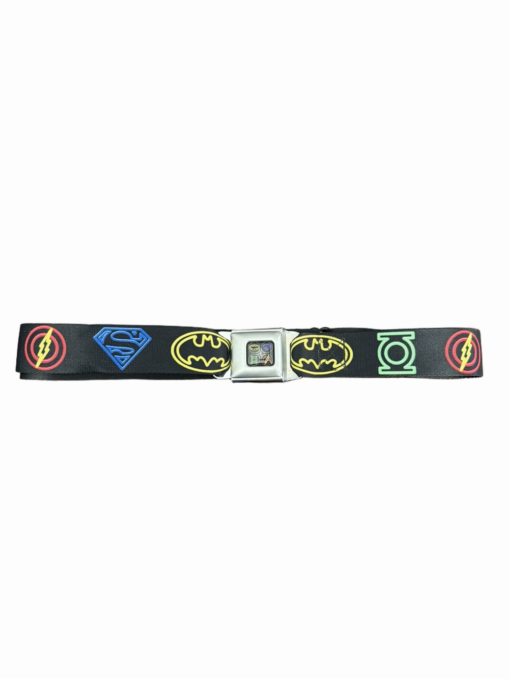 Buckle-Down Black Seatbelt Belt with Multicolor Justice League DC Logos.